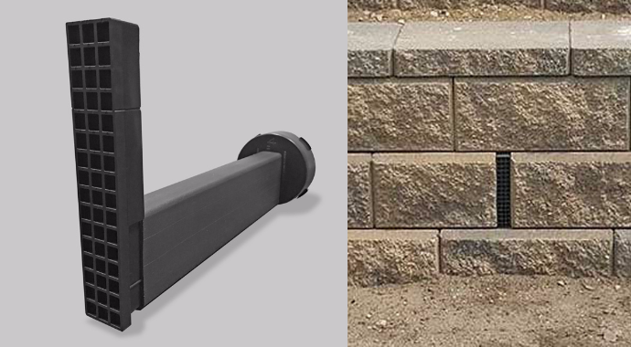 wall drain product that attaches to a pvc pipe on one end and fit narrowly between to stones in a wall allowing water to drain out